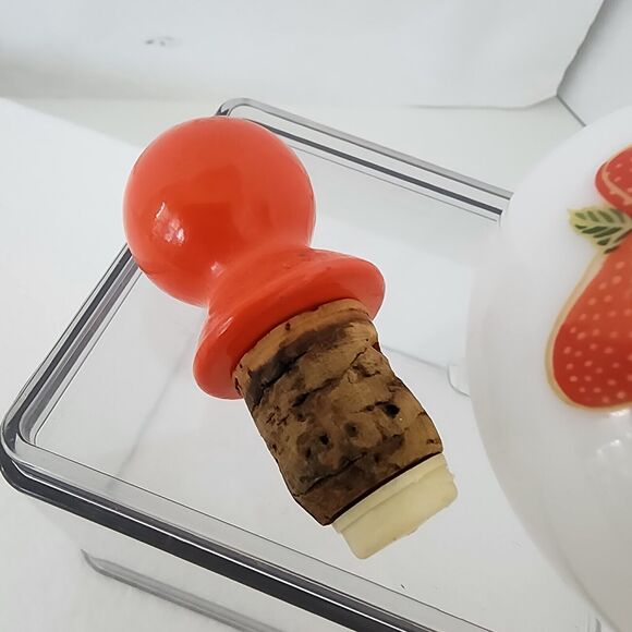 Retro White Milk Glass Strawberry Oil Vinegar Vintage Small Cruets 5.5" w/cork - Picture 5 of 14